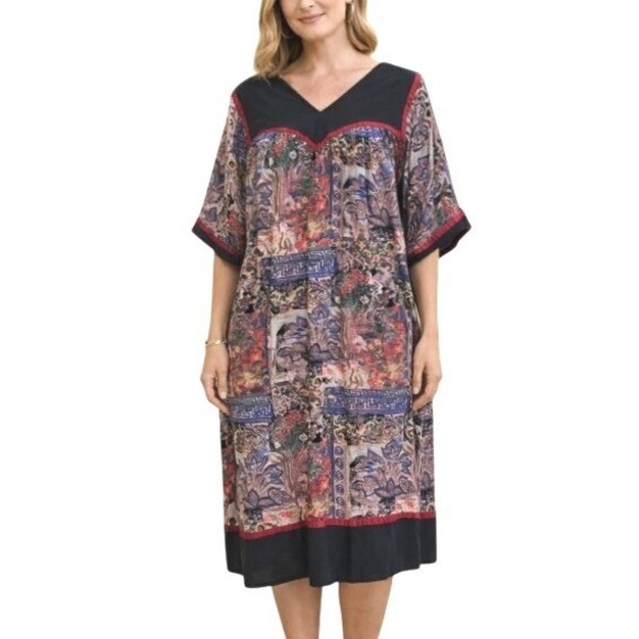 Krist Gudnason Dresses & Skirts - VTG Krist Gudnason Egyptian Black Print Kaftan Muumuu House V-Neck Maxi Dress L